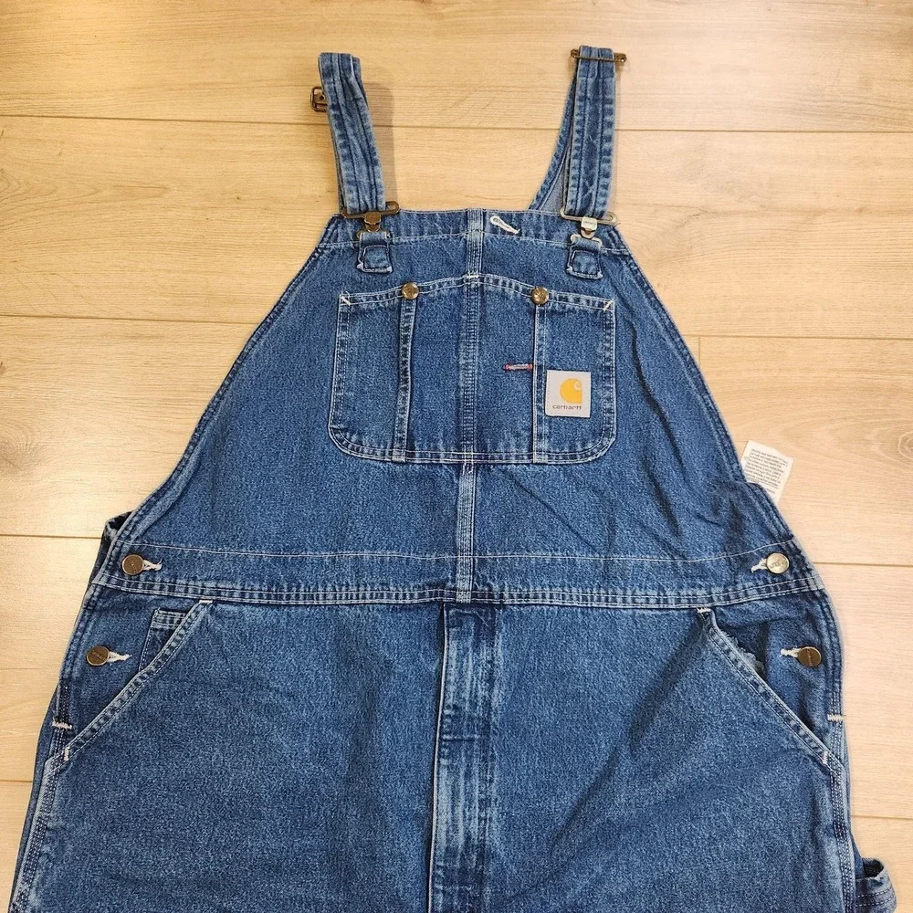 Carhartt Overalls Mens 46x30 Blue Denim Bib Workwear Utility Pockets Carpenter